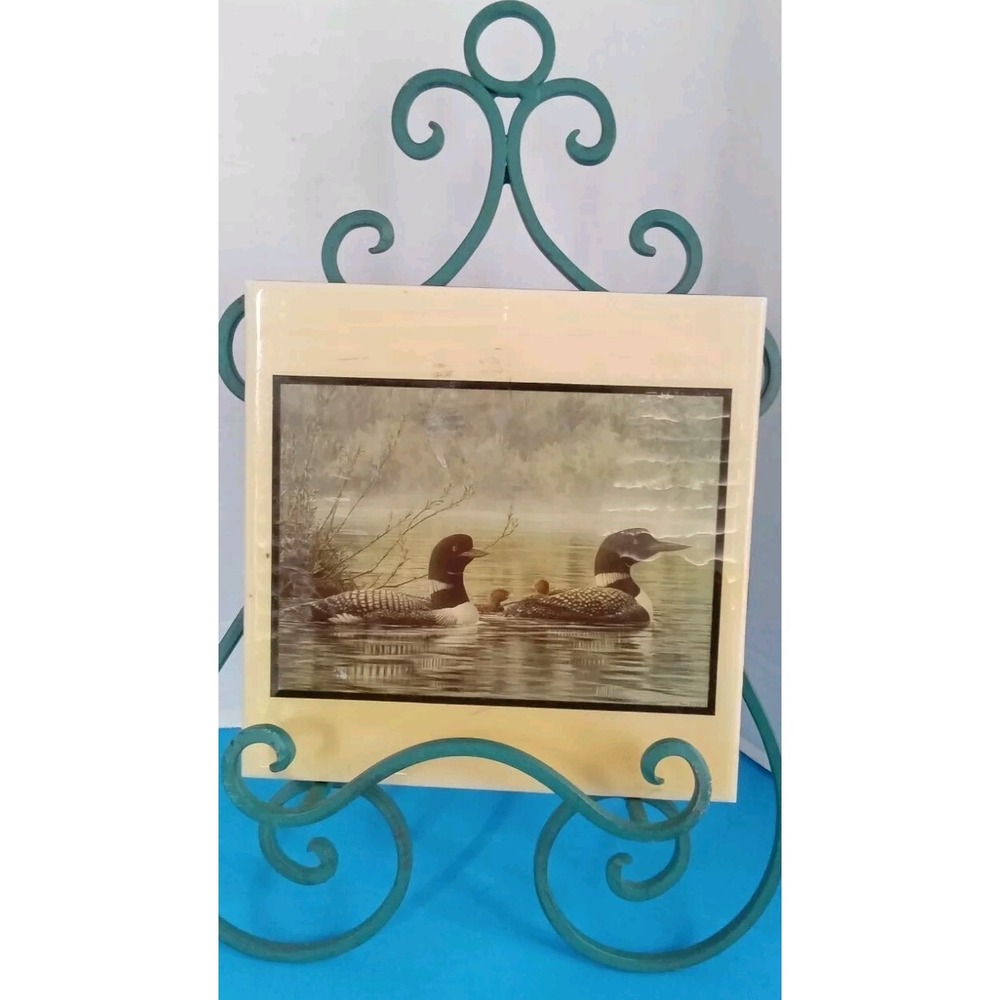 Antique Tile Art Common Loon‎ Family Made In France